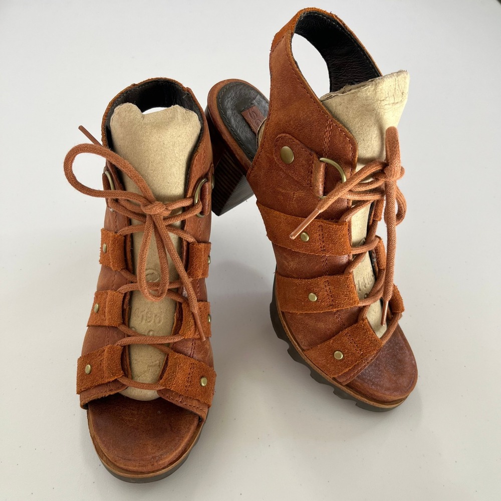 Sorel Addington Women's 7 Rust Brown Leather Lace Up Block Heel Sandals 659 - Picture 2 of 10